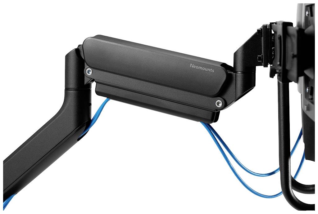 Regulowany uchwyt do monitora z zintegrowanym prowadzeniem kabli łączy ekran z mocowaniem.