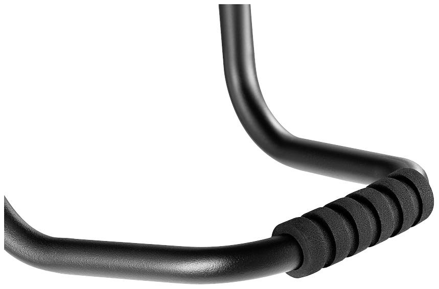 Zbliżenie czarnego metalowego uchwytu z piankowym wypełnieniem na jednym końcu. Uchwyt ma kształt litery U i jest używany do ciągnięcia.