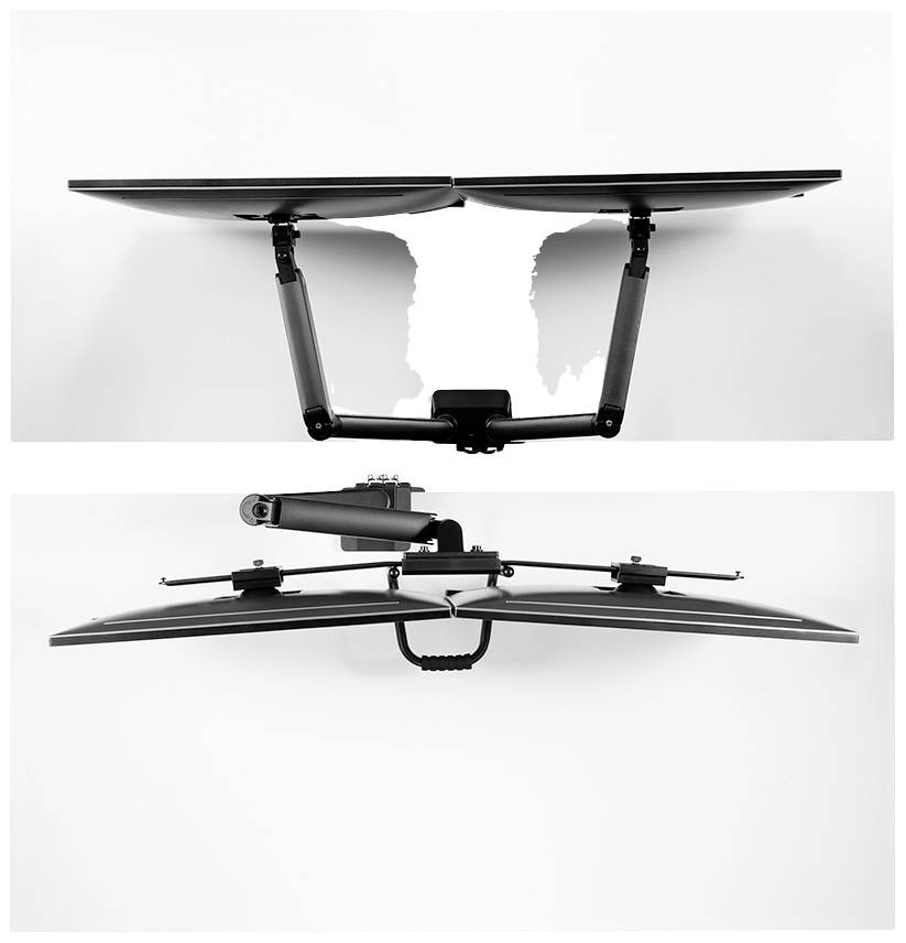 Dwie czarne, regulowane uchwyty ścienne do dwóch monitorów, zamontowane pod różnymi kątami i w różnych pozycjach.