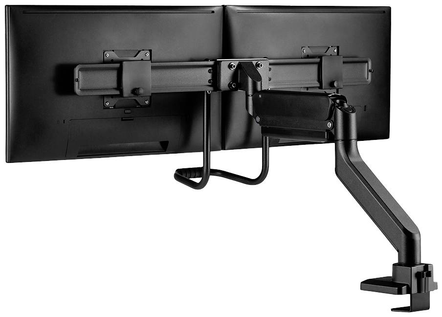 Podwójne ramię monitora z dwoma zamontowanymi ekranami ustawionymi tyłem do siebie. Jest przymocowane do blatu biurka.