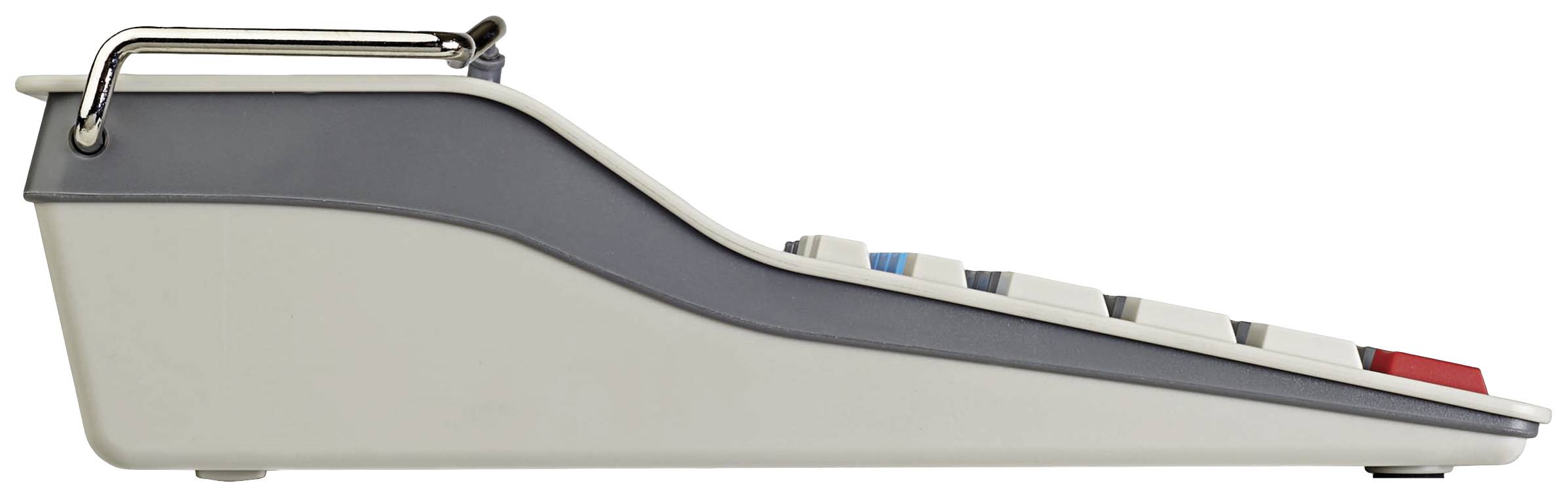 Kalkulator sfotografowany z boku, o charakterystycznej, zakrzywionej formie. Klawisze w różnych kolorach, w tym czerwone i niebieskie.