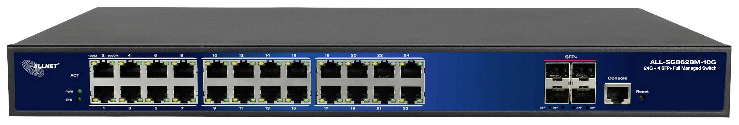 Przełącznik sieciowy 24-portowy z niebieskim panelem czołowym. 22 porty RJ-45 i 2 porty SFP po prawej stronie.