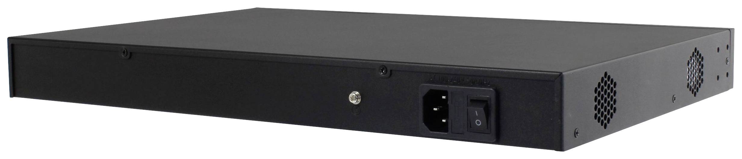 Czarny elektroniczny sprzęt w kształcie prostokąta, z przodu wyposażony w przycisk włączania/wyłączania oraz szczeliny wentylacyjne, widok z prawej strony pod skosem.