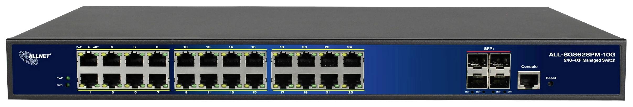 Przełącznik sieciowy z 24 portami Ethernet i dwoma dodatkowymi portami SFP, przeznaczony do zarządzania połączeniami sieciowymi.