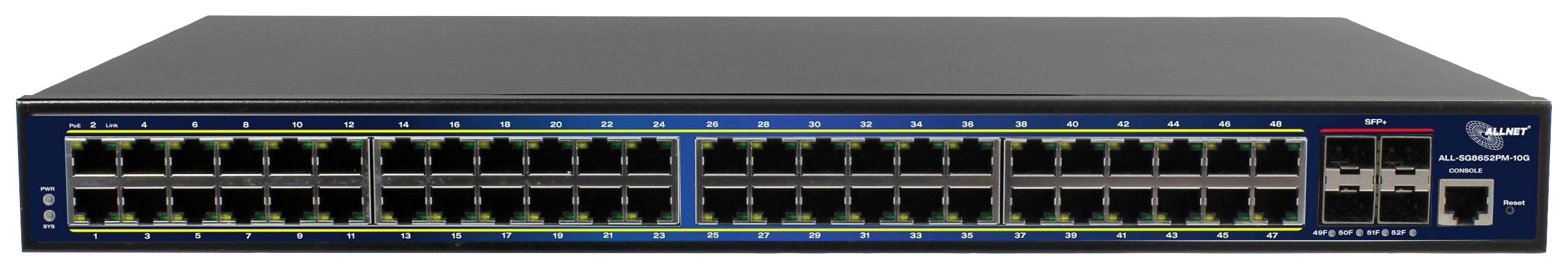 Przełącznik sieciowy z 48 portami Ethernet i 4 dodatkowymi portami do rozszerzonego podłączenia. Odpowiedni dla dużych sieci.