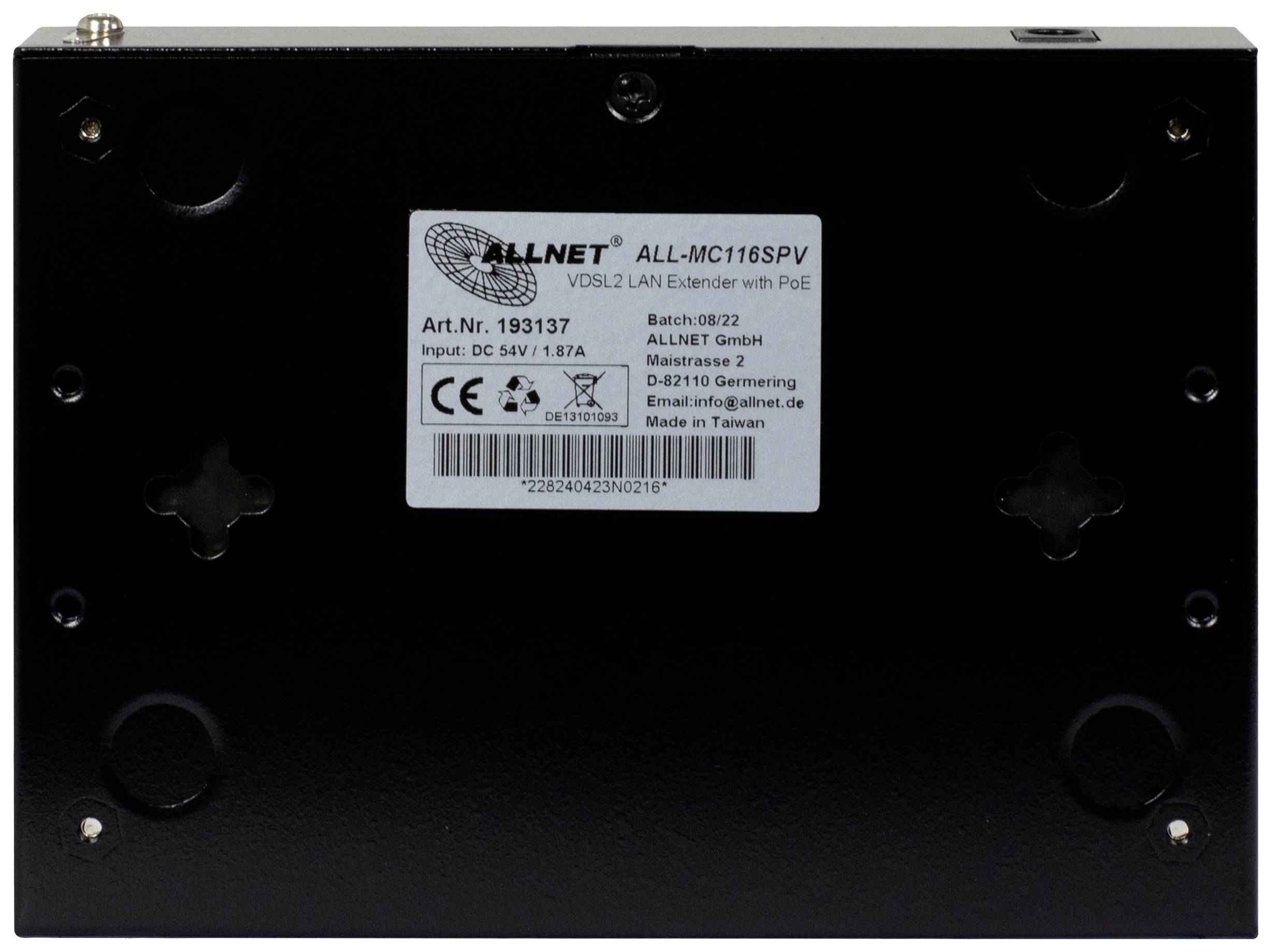 Etykieta urządzenia 'ALLNET ALL-MC116SPV' z tyłu, wraz z numerem artykułu 139137, datą produkcji 08/22, wejściem DC 54V, 1,8A.
