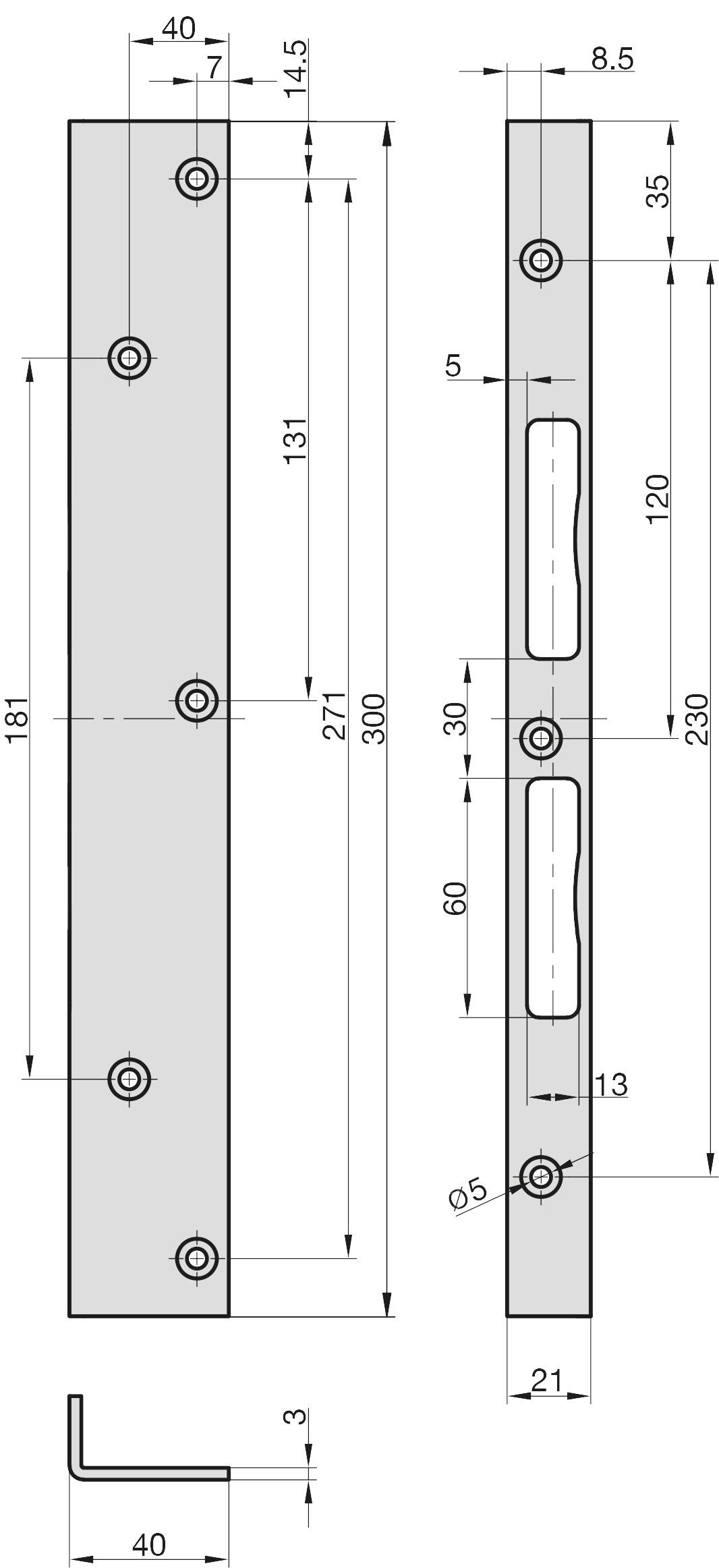 Rysunek techniczny płyty metalowej o wymiarach 181 x 40 milimetrów, z wieloma otworami, pionowymi szczerbinami i szczegółowymi informacjami dotyczącymi struktury.