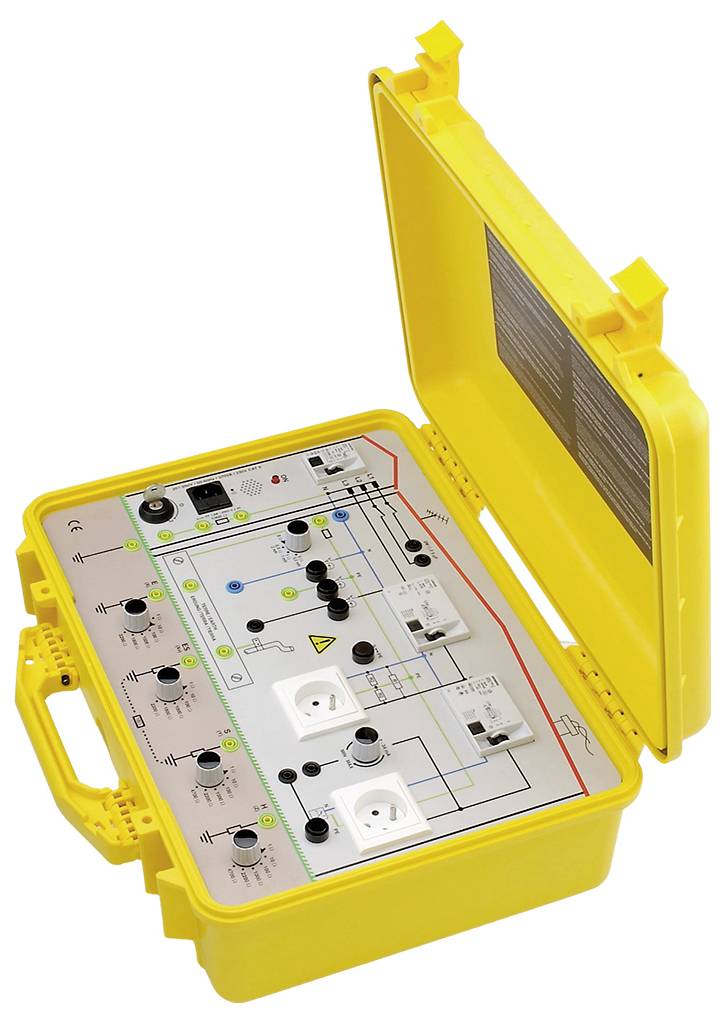 Żółta walizka z panelem sterowniczym, zawierająca przełączniki, przyciski i złącza do elektrycznego sterowania i pomiaru.