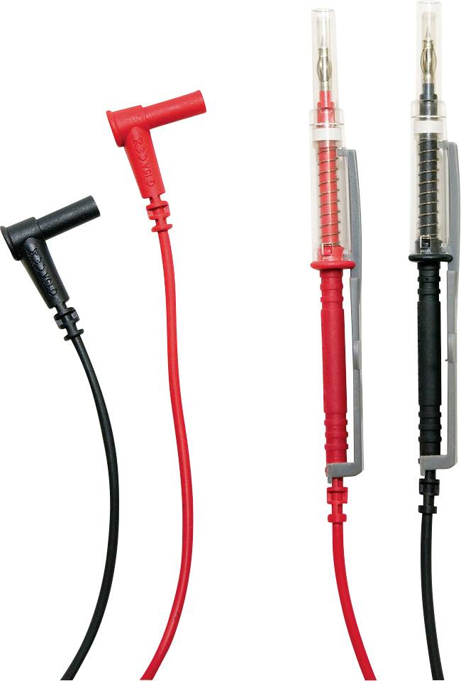 Dwie elektryczne sondy pomiarowe, jedna czerwona i jedna czarna, na białym tle. Symbolizują one zaciski dodatni i ujemny.