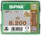 Pudełko z 50 wkrętami SPAX, rozmiar 8x200 mm, z bitem T40. Marka: SPAX, Wyprodukowane w Niemczech, powlekane powłoką Wirox, z kodem kreskowym.