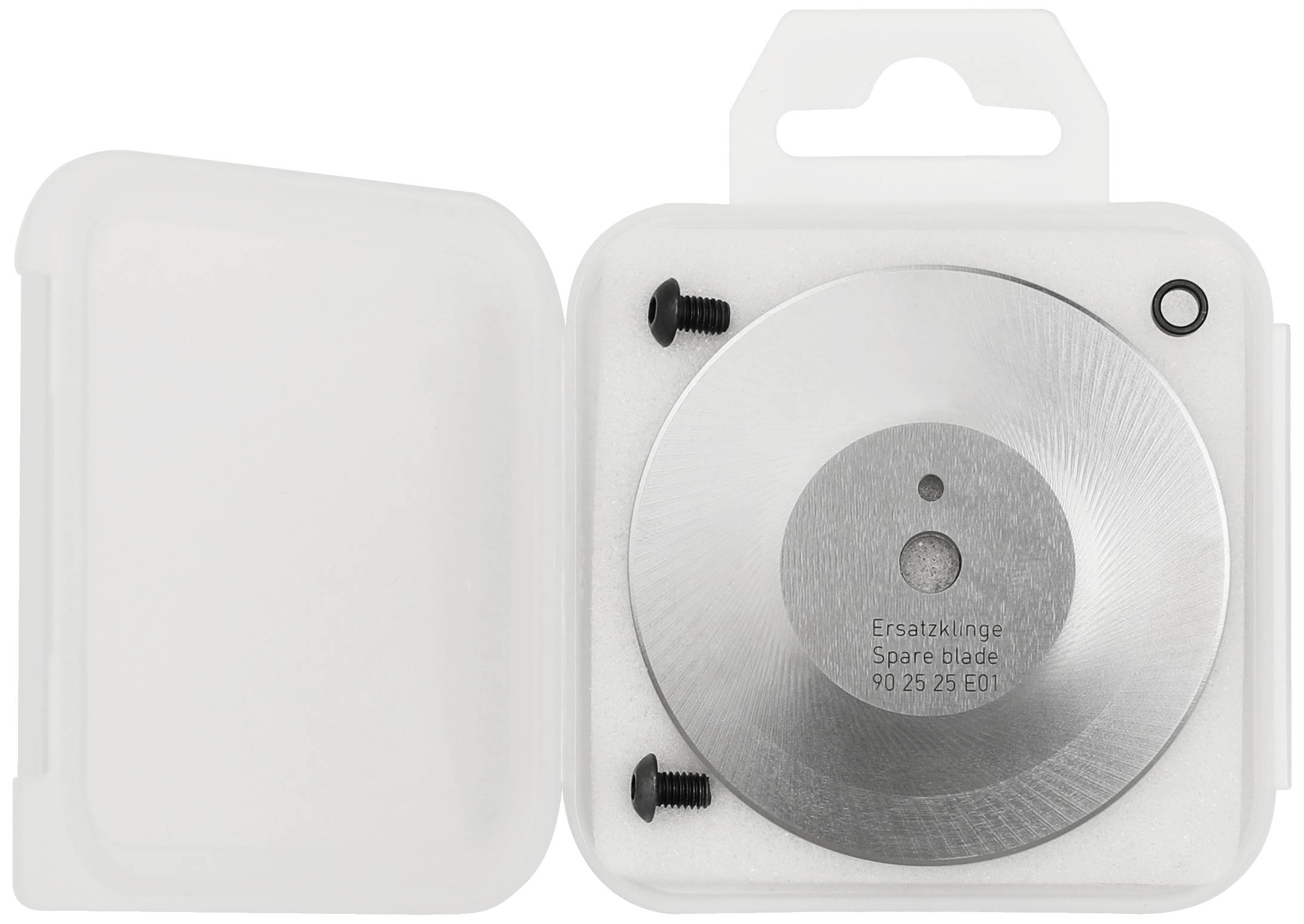 Ostrze wymienne w otwartym pudełku plastikowym, wraz z dwoma śrubami i małym metalowym pierścieniem. Ostrze jest okrągłe i srebrne.