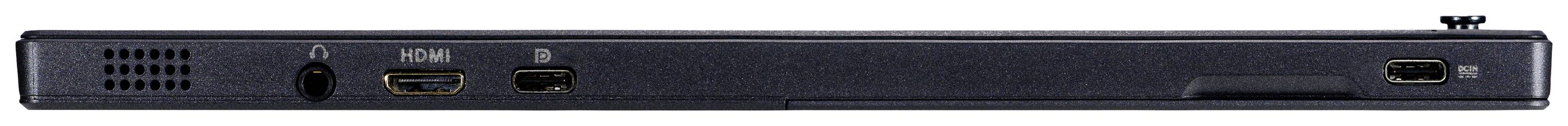 Widok z tyłu cienkiego urządzenia elektronicznego z różnymi złączami, w tym HDMI, USB-C oraz gniazdem słuchawkowym.