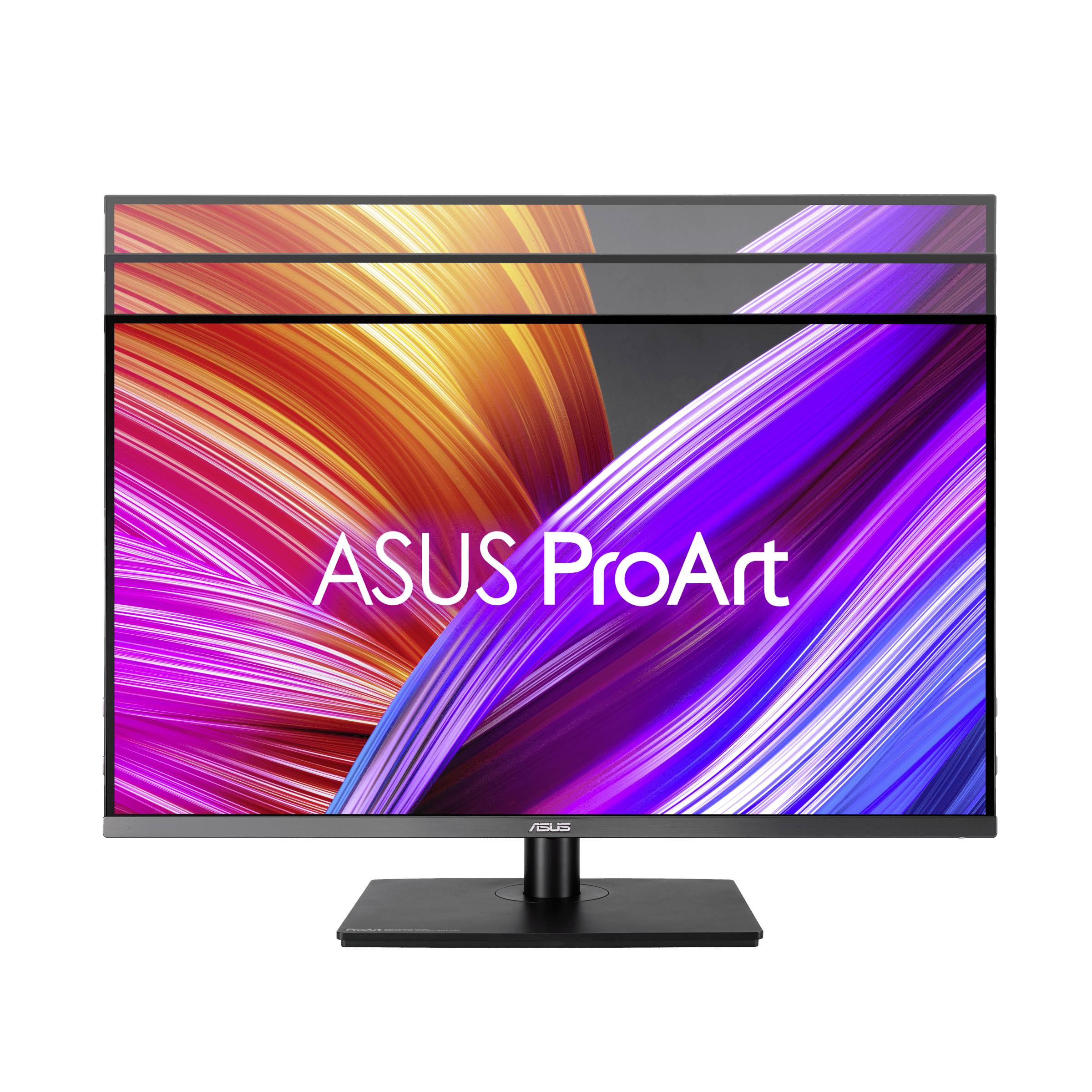 Monitor marki Asus ProArt z kolorowym, abstrakcyjnym tłem w odcieniach czerwieni, fioletu i pomarańczy.