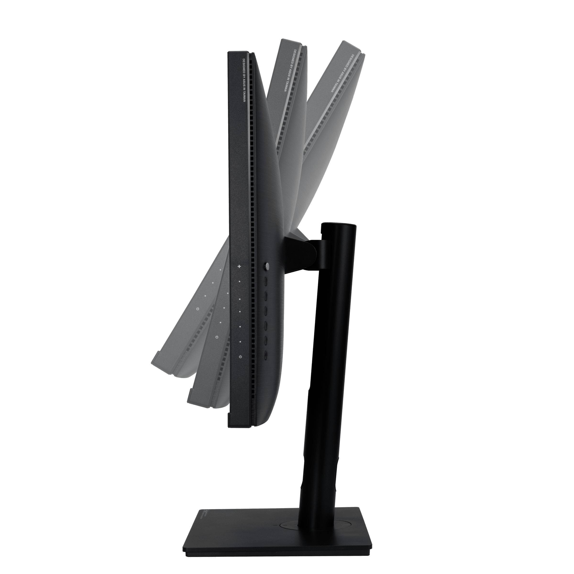 Obraz monitora komputerowego pochylonego pod różnymi kątami, wyświetlacza umieszczonego na czarnej podstawie.