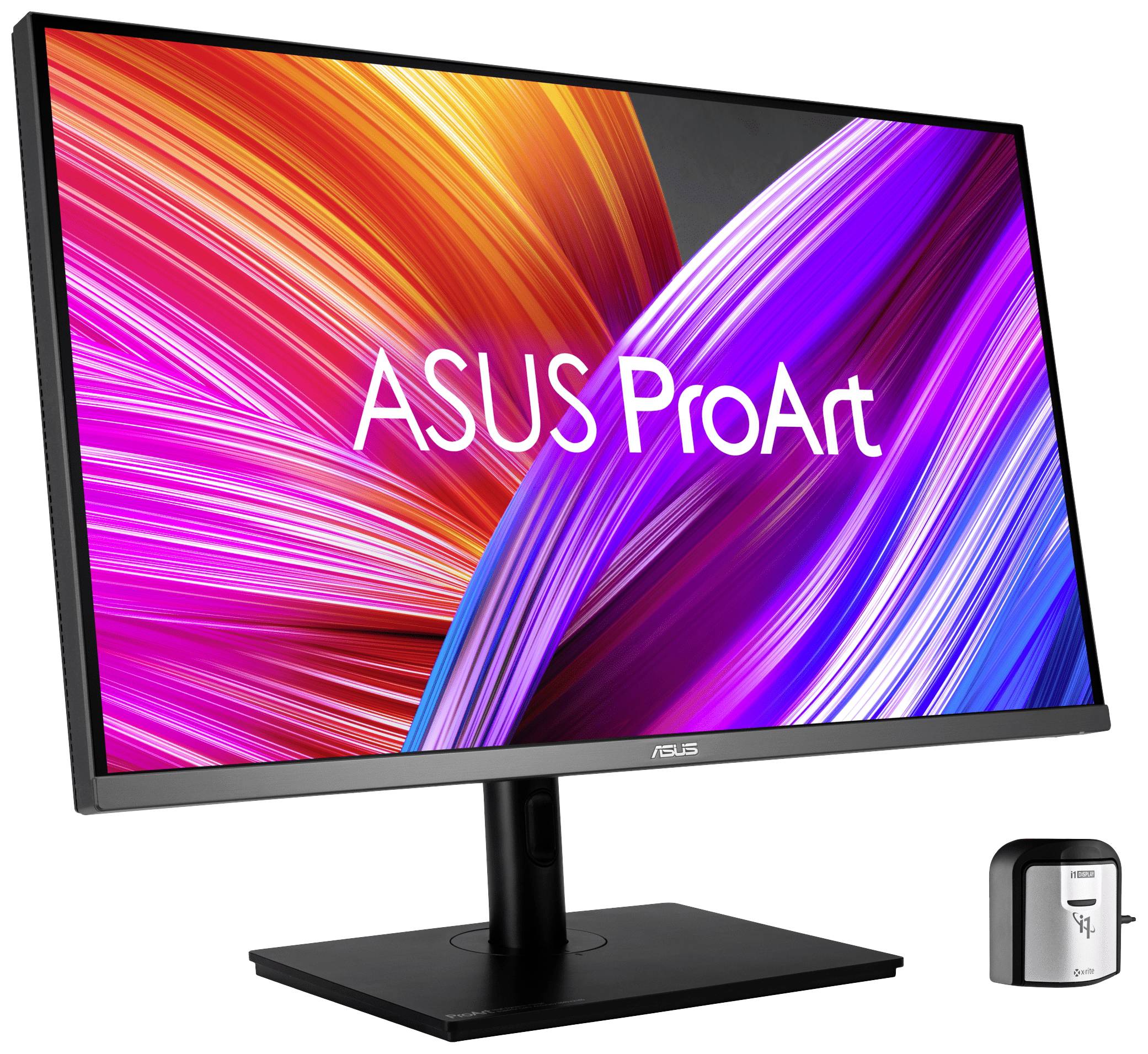 Monitor ASUS ProArt z świecącą paletą kolorów na ekranie. Po prawej stronie umieszczony jest kalibrator kolorów.