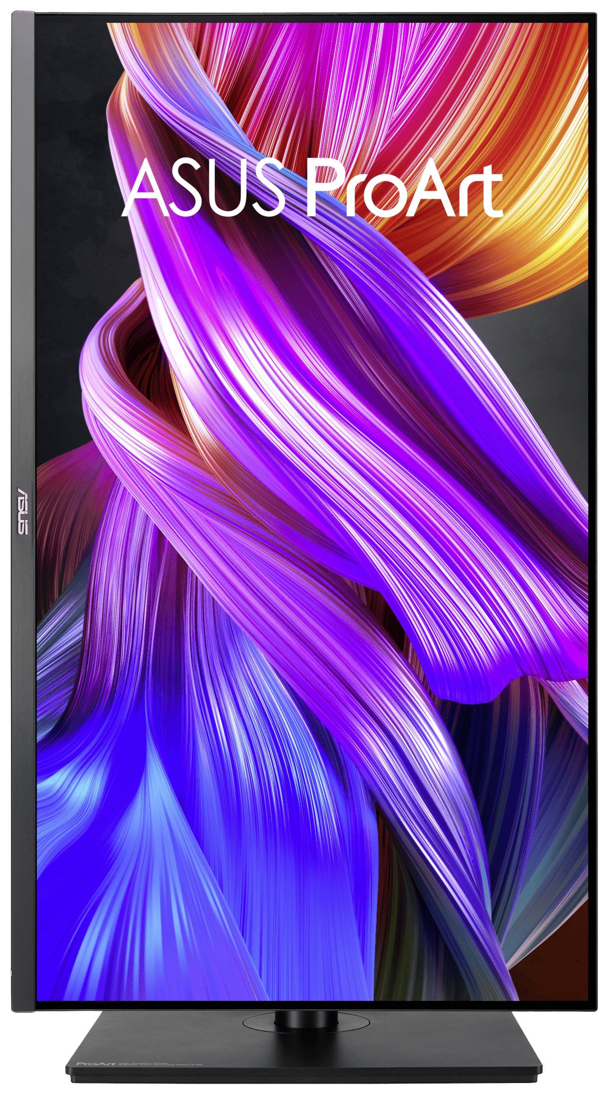 Monitor ASUS ProArt z wąską ramką, ustawiony pionowo, na którym wyświetlane jest kolorowe, abstrakcyjne dzieło sztuki 3D.