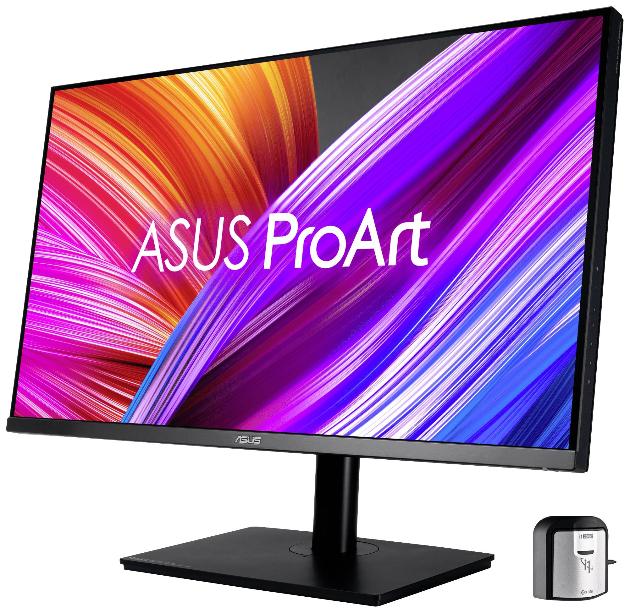 Monitor ASUS z serii ProArt, przeznaczony do prac wymagających precyzji kolorystycznej. Na ekranie wyświetlane są kolorowe abstrakcyjne kształty.