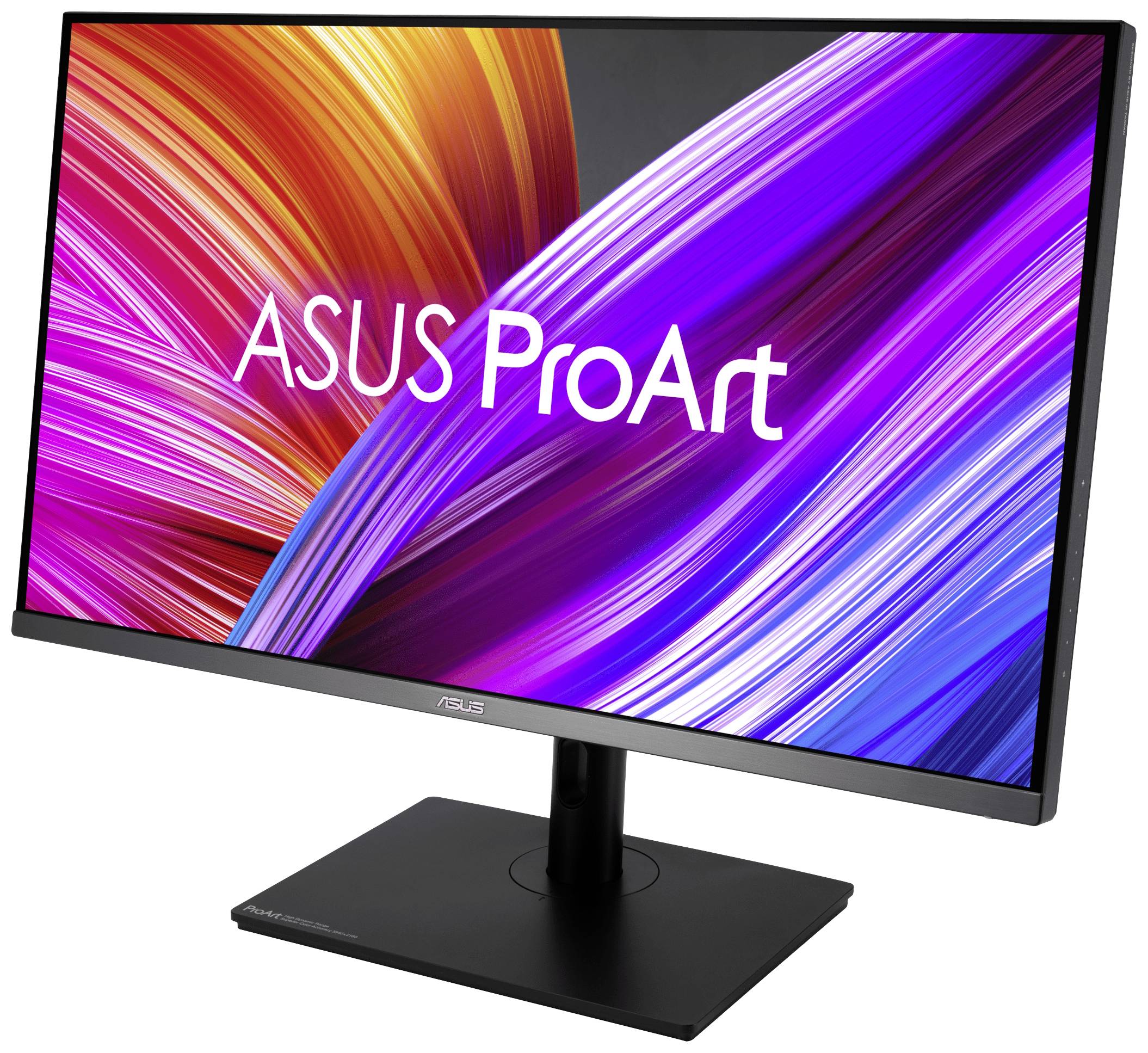 Monitor ASUS ProArt prezentuje żywe, diagonalne pasy w kolorach czerwonym, różowym i niebieskim na białym tle.