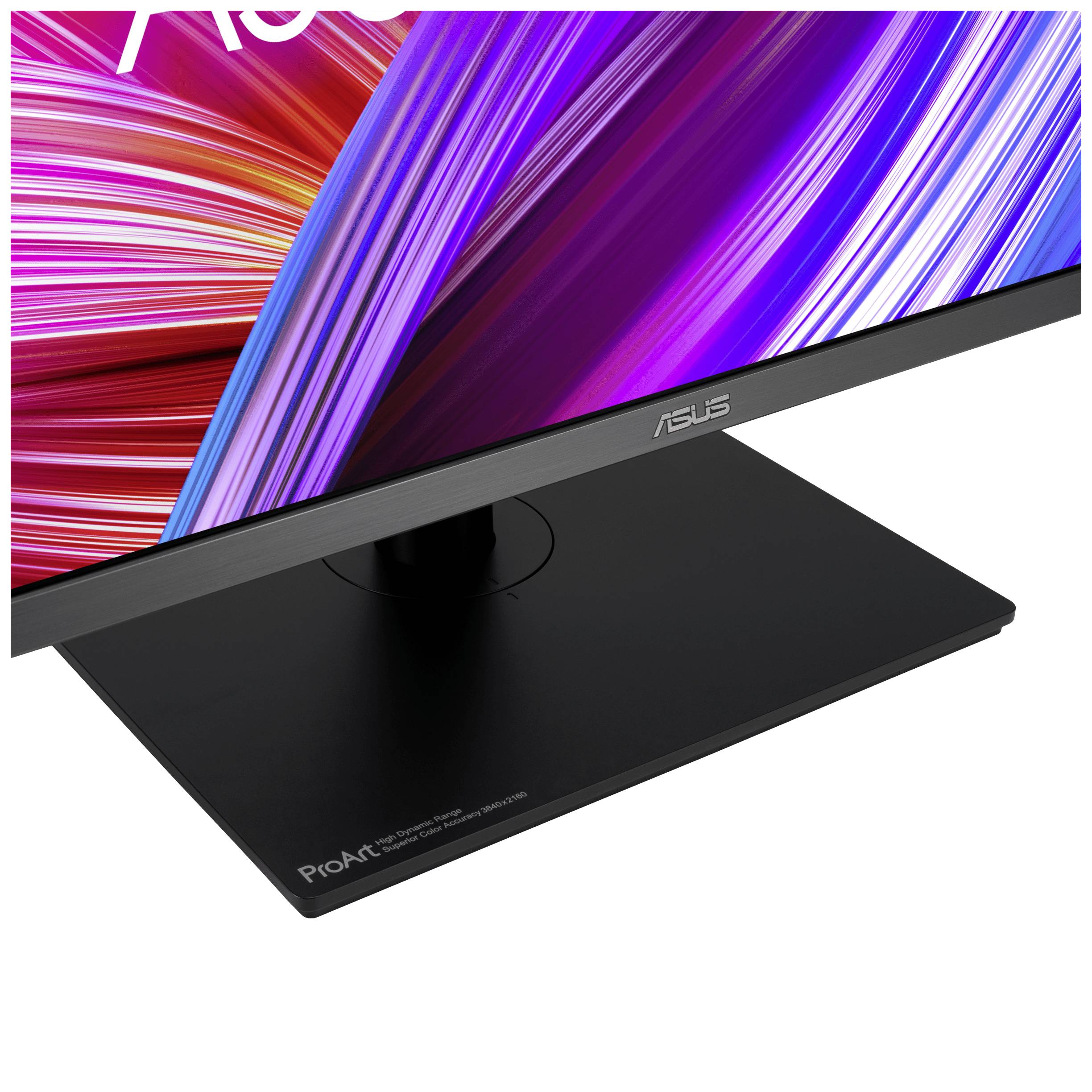 Czarny monitor ASUS z kolorowymi paskami na ekranie. Model: ProArt. Idealny do precyzyjnych prac graficznych.
