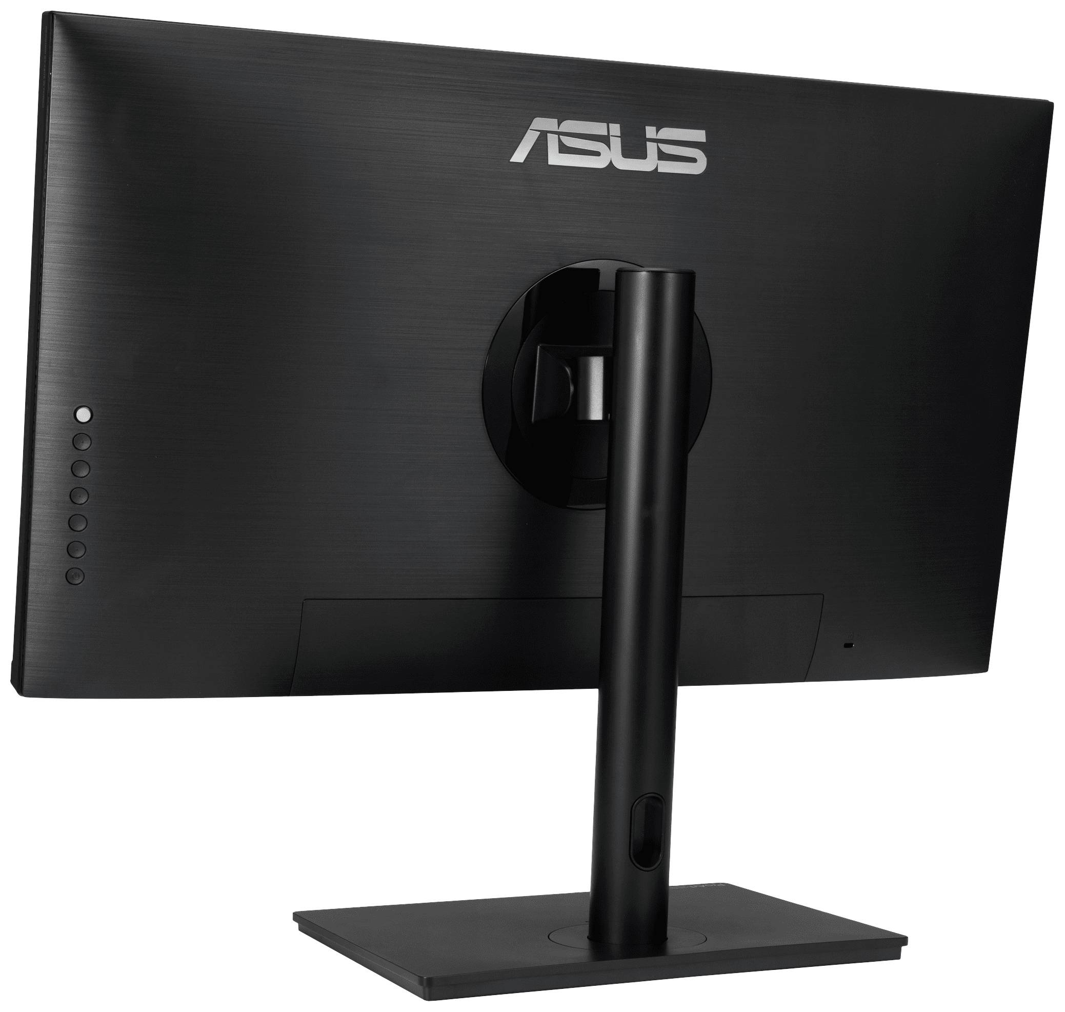 Czarny ekran komputerowy marki ASUS, widok z tyłu z podstawą.