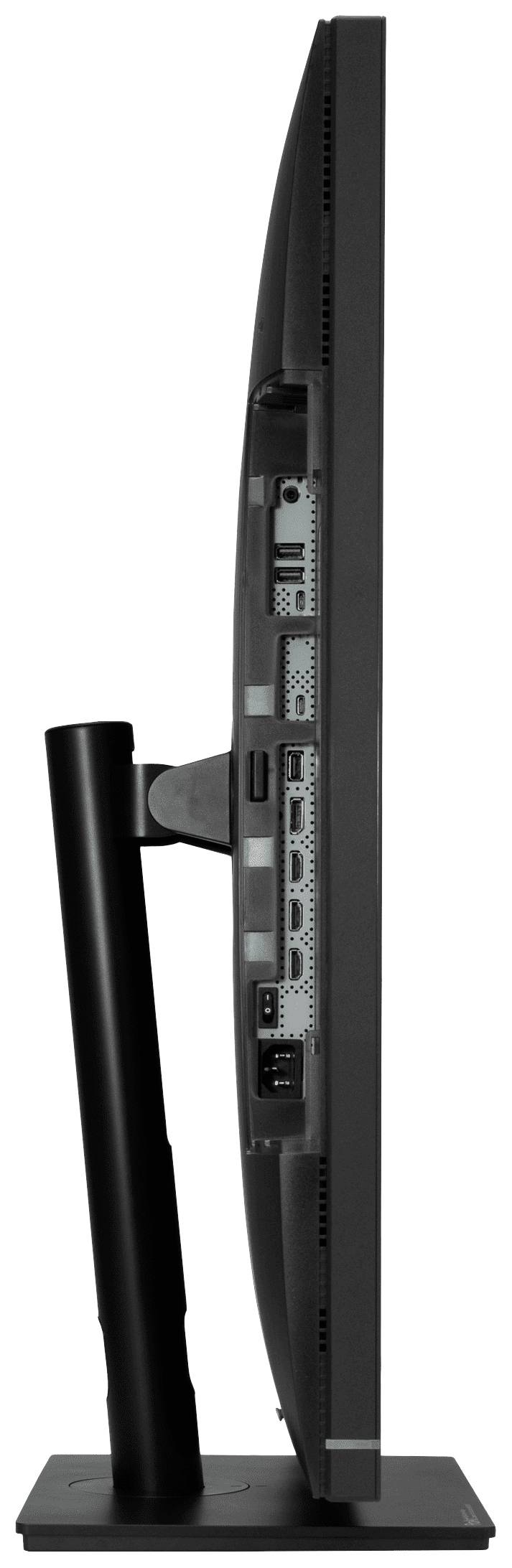 Widok z boku czarnego ekranu komputerowego o smukłej ramce, ukazujący złącza z tyłu urządzenia.