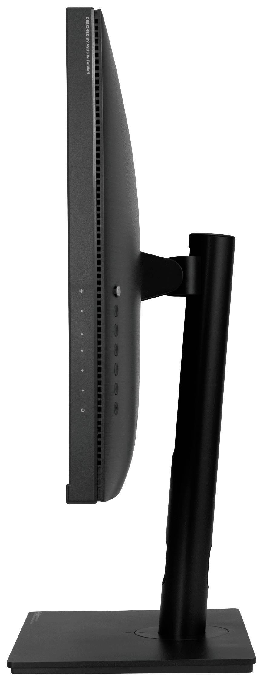 Smukły, czarny ekran komputerowy widziany z boku, osadzony na podstawce, prezentujący wąskie ramki i minimalistyczny design.