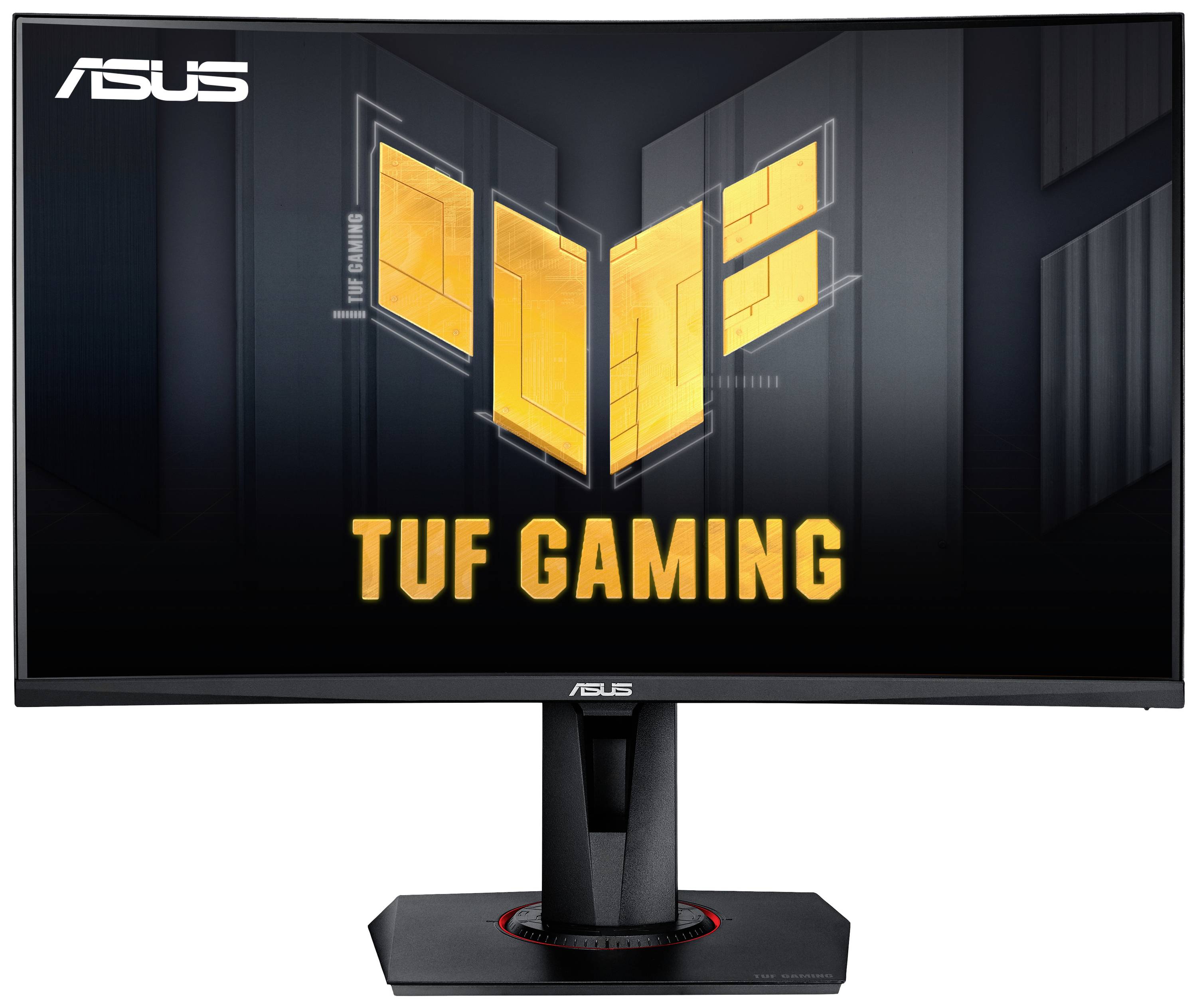 Monitor ASUS TUF Gaming z dużym ekranem i solidną podstawą, idealny do grania w gry wideo. Logo marki w lewym górnym rogu.