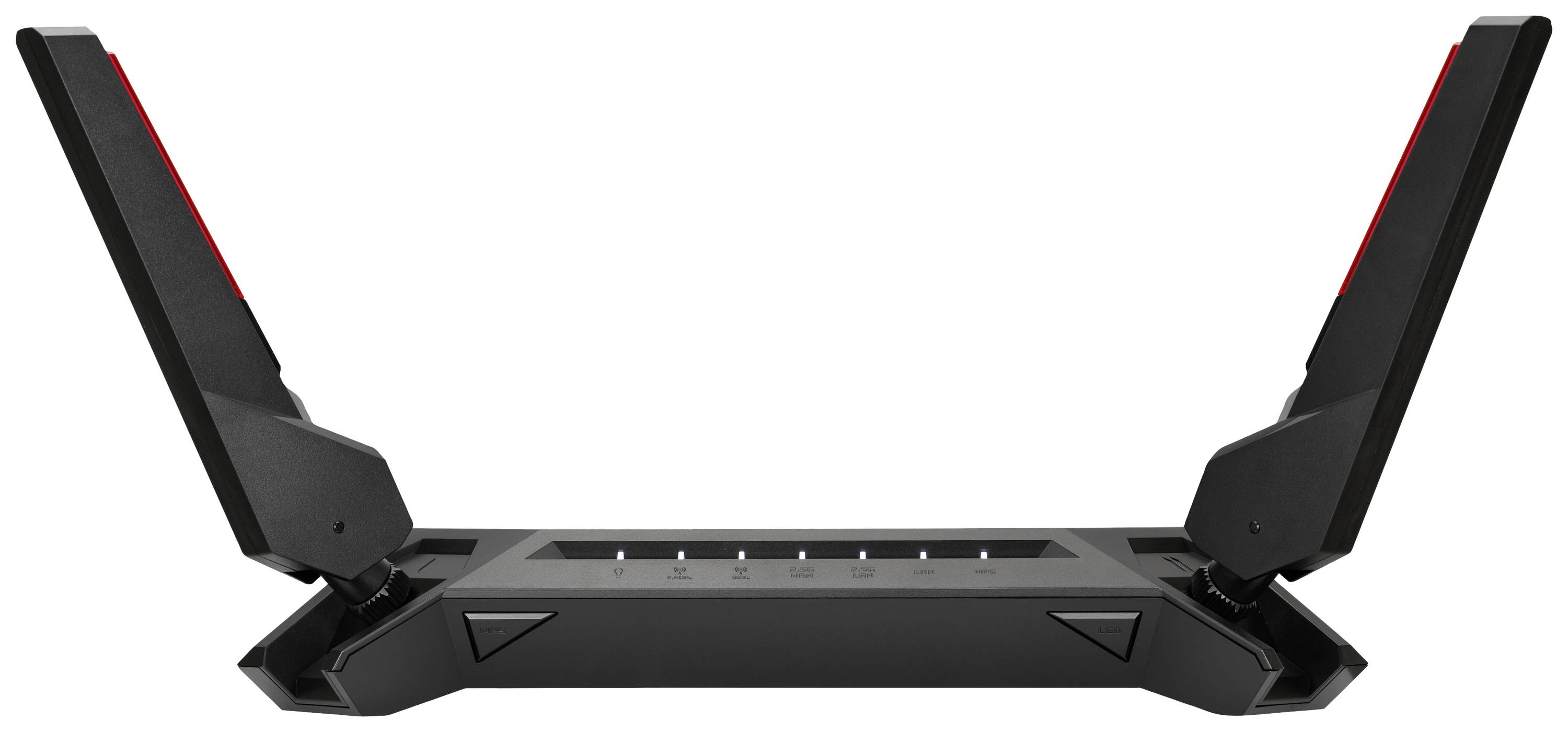 Czarno-czerwony router WiFi z dwoma podniesionymi antenami przypominającymi skrzydła. Nowoczesny design dla bezprzewodowego połączenia internetowego.