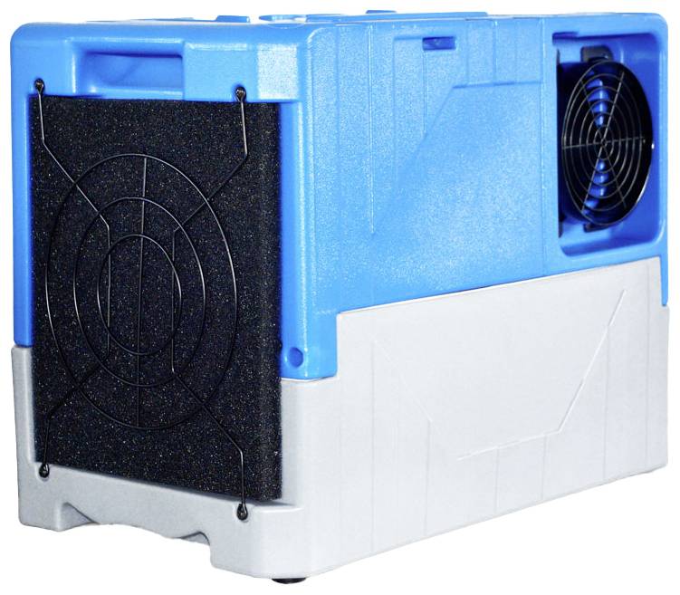 Przenośny osuszacz powietrza z niebieską obudową i czarną kratką wentylatora, idealny do redukcji wilgotności w zamkniętych pomieszczeniach.