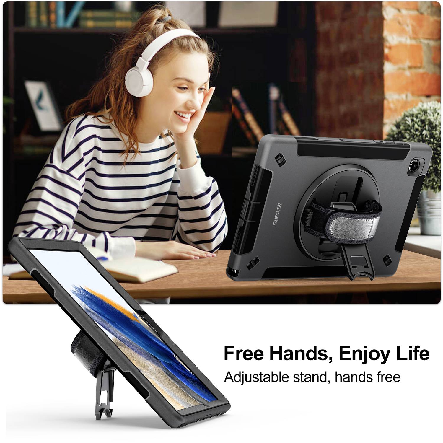 Kobieta w słuchawkach uśmiecha się, patrząc na tablet umieszczony na stojaku. Tekst poniżej głosi: 'Wolne ręce, ciesz się życiem. Regulowany stojak, bez trzymania w rękach'.