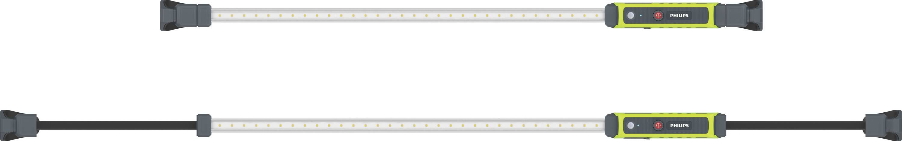 Dwie rozsuwane listwy LED z czarnymi zakończeniami i zielonymi akcentami, odpowiednie do elastycznych zastosowań oświetleniowych.