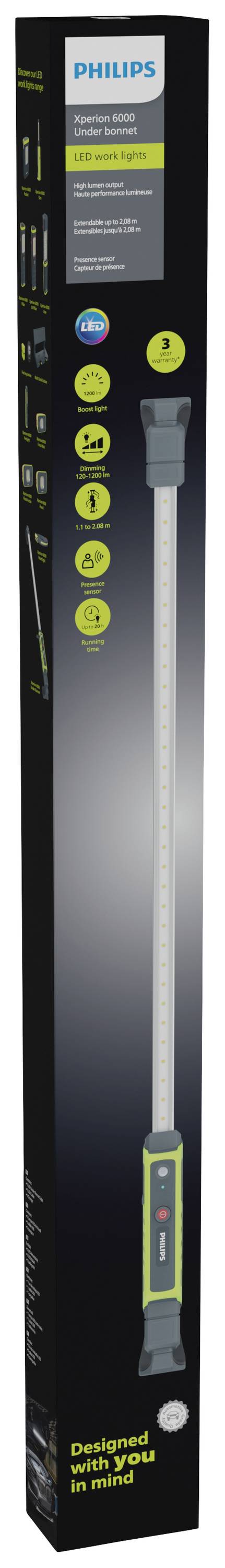 Latarka robocza LED Philips w zielonym opakowaniu. Funkcje: wydajna i przenośna, z hakiem i magnesem. 250 lumenów.