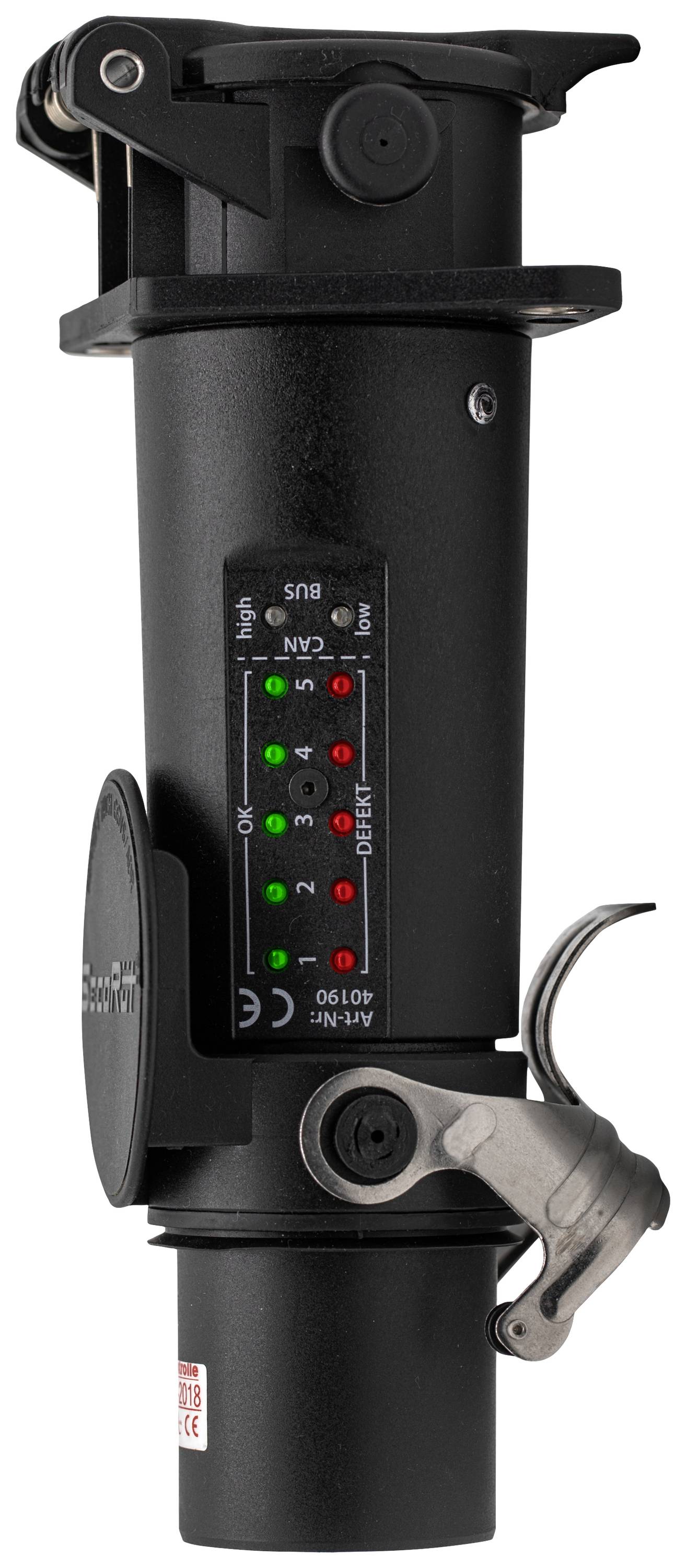 Czarna mechaniczna aparatura z wyświetlaczami LED i dźwignią, oznaczona napisami 'Bus', 'Low', 'High' oraz specyfikacjami technicznymi.