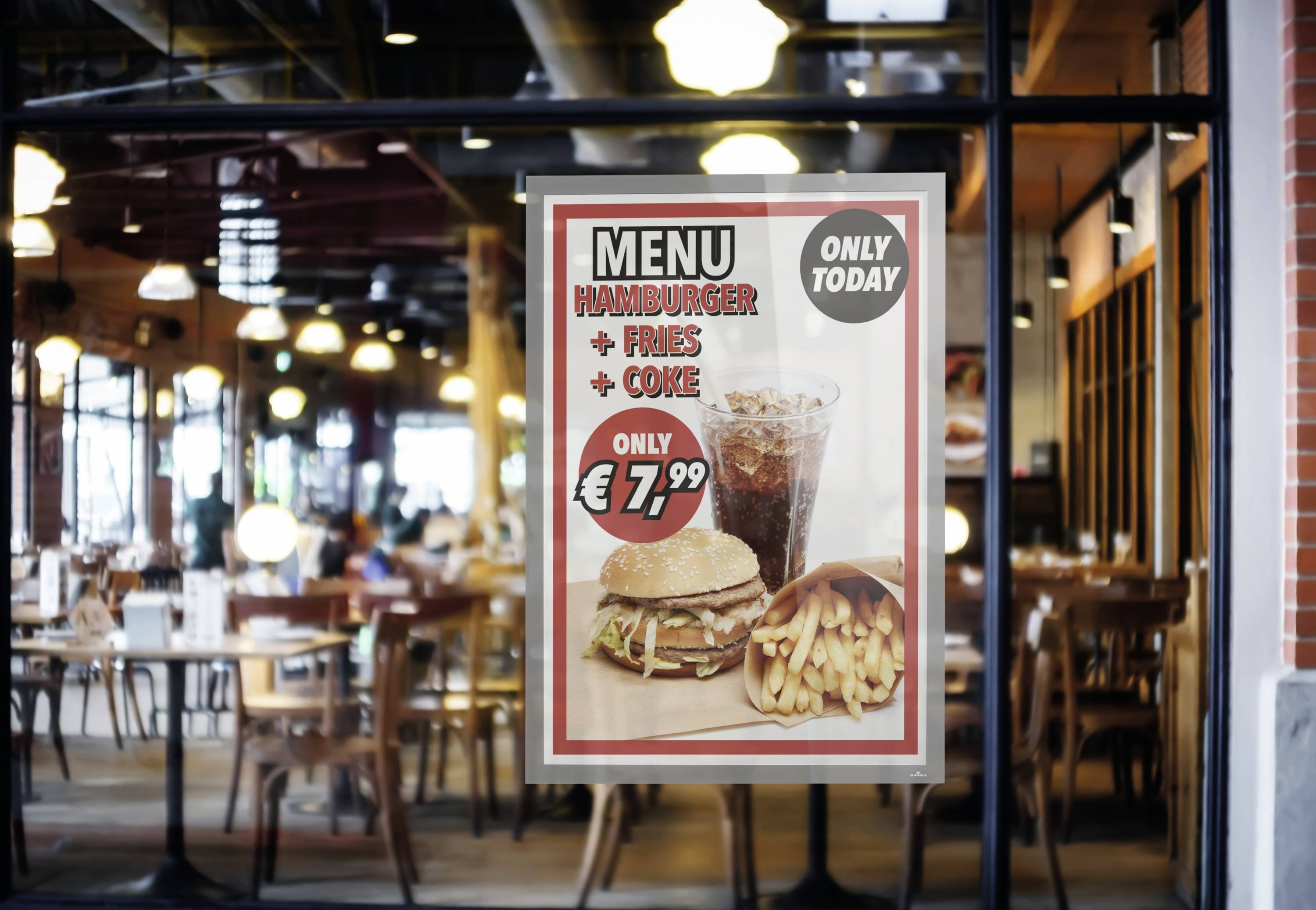 Plakat w ofercie menu: 'Hamburger + Frytki + Cola tylko 7,99 zł'. Promocja 'Tylko dzisiaj'. Na tle fragment wnętrza restauracji z miejscami siedzącymi.