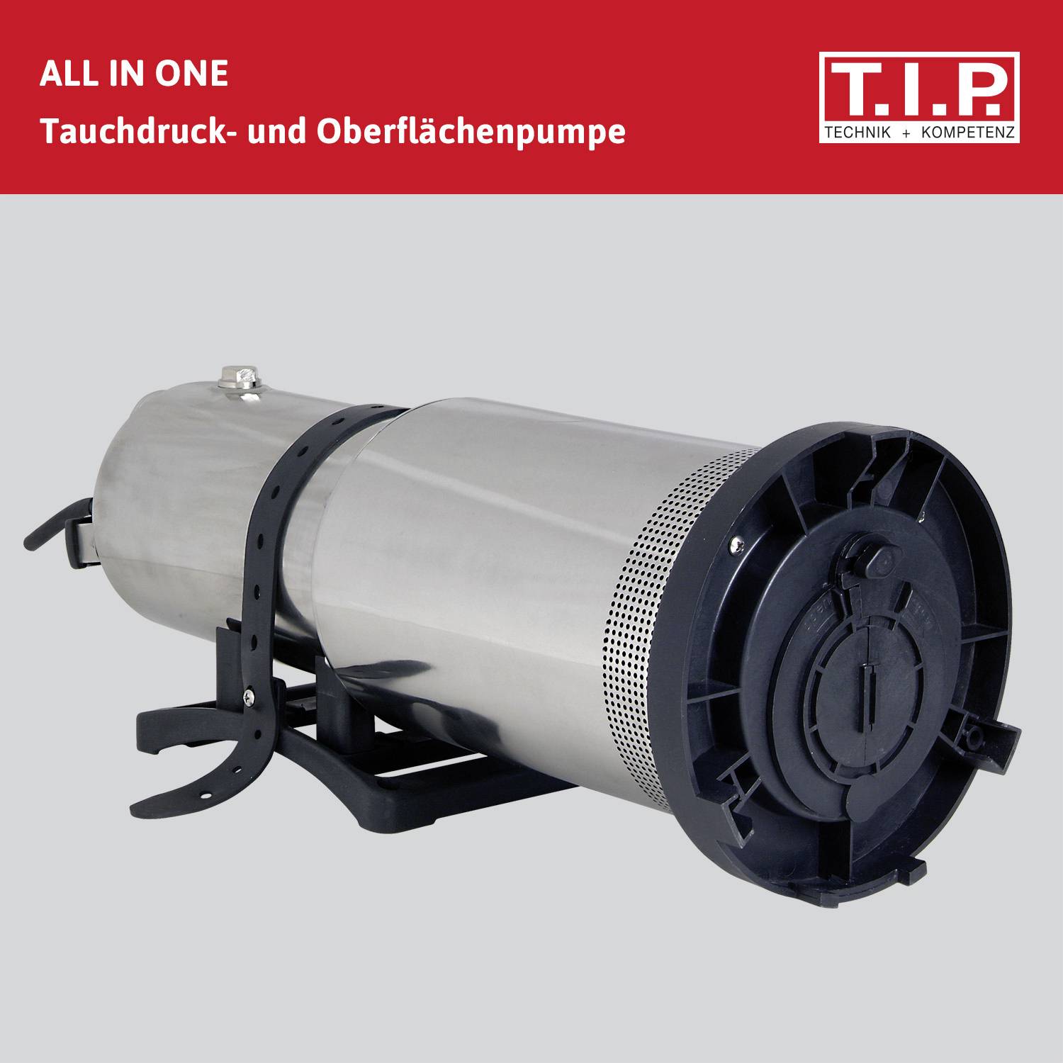 Pompa zanurzeniowa i powierzchniowa ze stali nierdzewnej z mocowaniami, odpowiednia do różnorodnych zastosowań, przedstawiona na szarym tle.