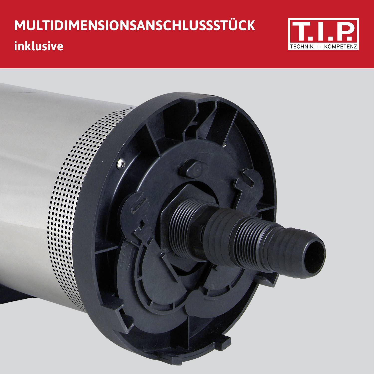 Na opakowaniu wyposażenia technicznego widnieje napis „Multidimensionsanschlussstück inklusive", poniżej znajduje się logo T.I.P.