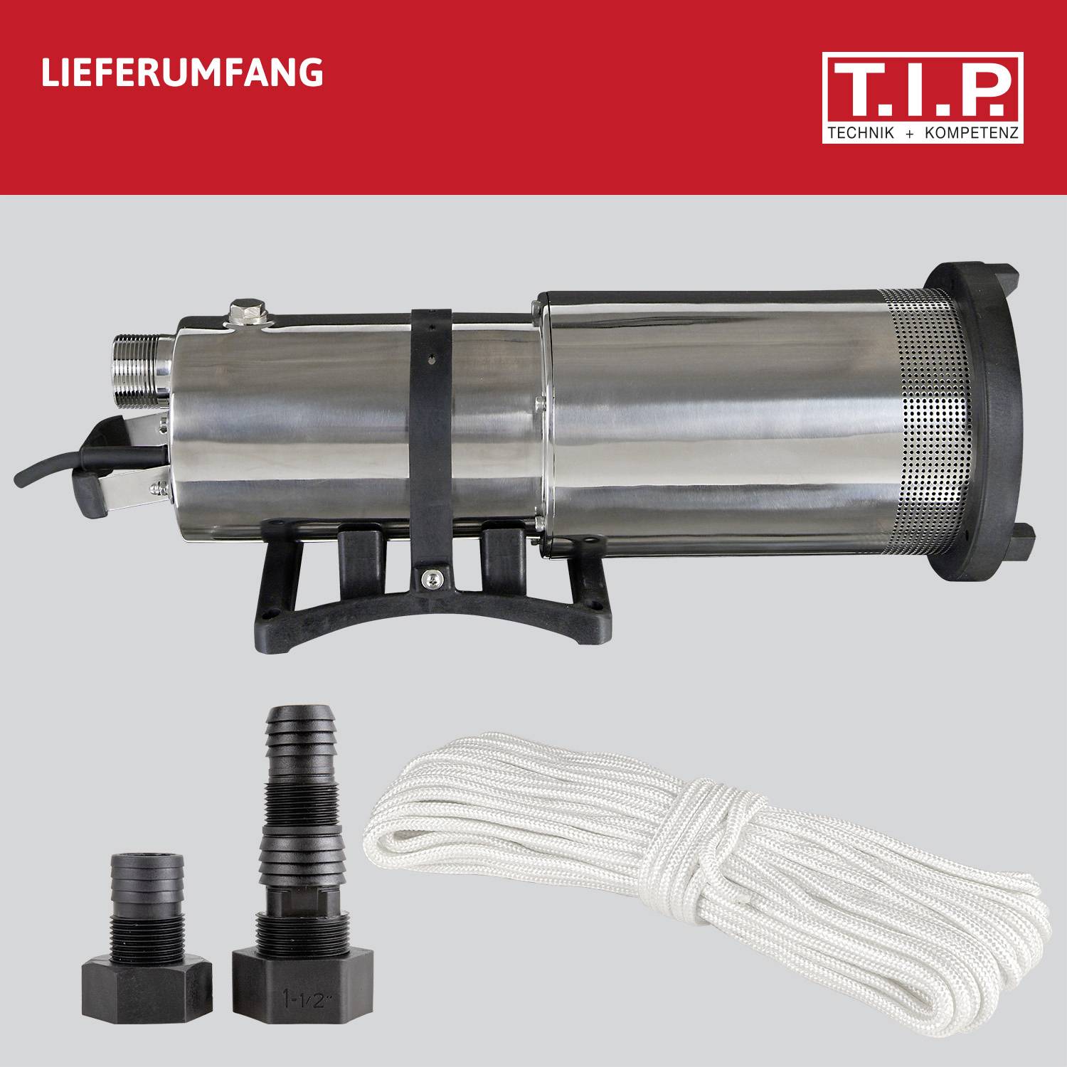 Zawartość zestawu: Pompa ze stali nierdzewnej, dwa przyłącza oraz białą linką. W prawym górnym rogu logo 'T.I.P Technika Kompetencji'.