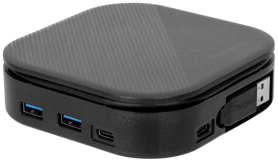 Kompaktowe, czarne urządzenie elektroniczne z wieloma portami USB po bokach, przeznaczone do podłączania lub ładowania innych urządzeń.