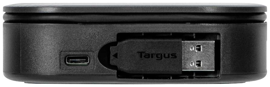 Zewnętrzny dysk twardy w czarnej obudowie; widoczne złącze USB-A firmy Targus, obok niego złącze USB-C.