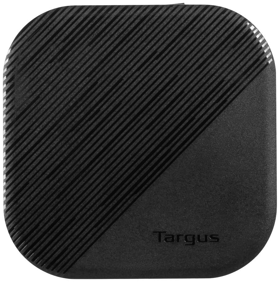 Kompaktowa, czarna obudowa z ukośnymi liniami. Logo 'Targus' widoczne jest w dolnym rogu.