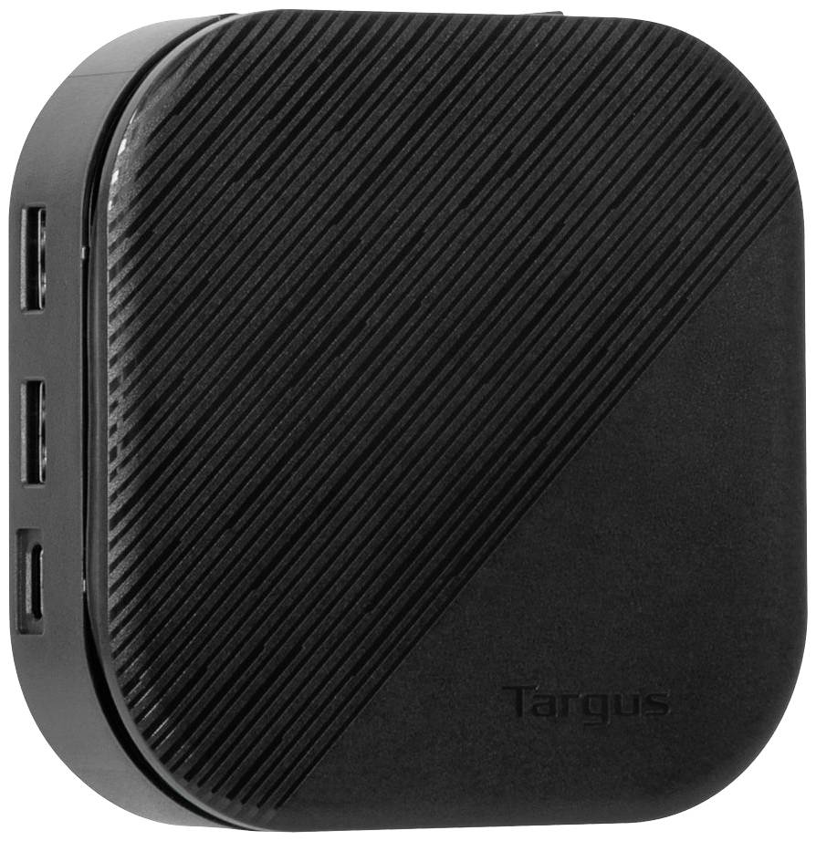 Czarny, kwadratowy zasilacz firmy Targus z zaokrąglonymi narożnikami. Po bokach znajduje się kilka złączy USB.