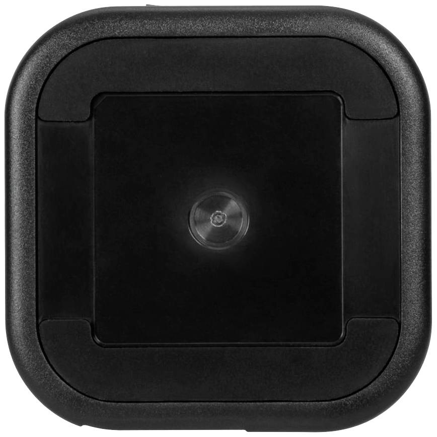 Kwadratowa, czarna obudowa z tworzywa sztucznego z przezroczystą, umieszczoną centralnie soczewką na przedniej ścianie.