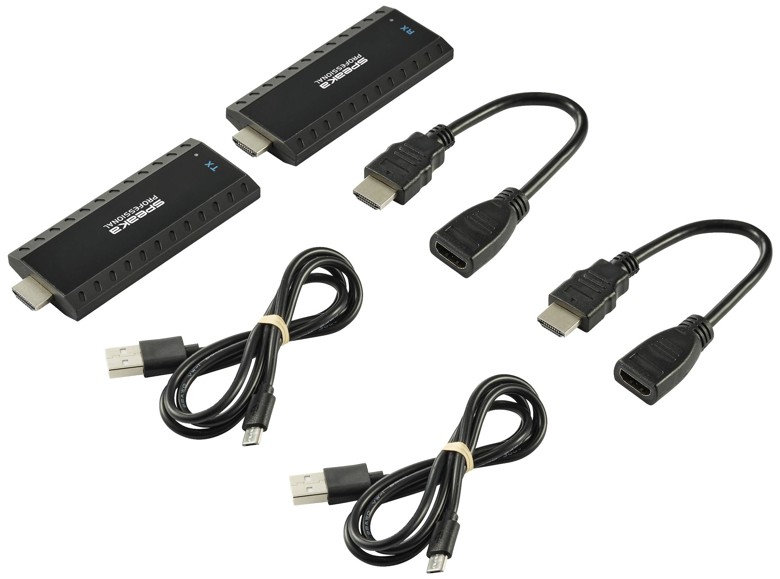 Bezprzewodowy nadajnik i odbiornik HDMI z dwoma adapterami HDMI i kablami, służący do bezprzewodowego przesyłania sygnału wideo między urządzeniami.