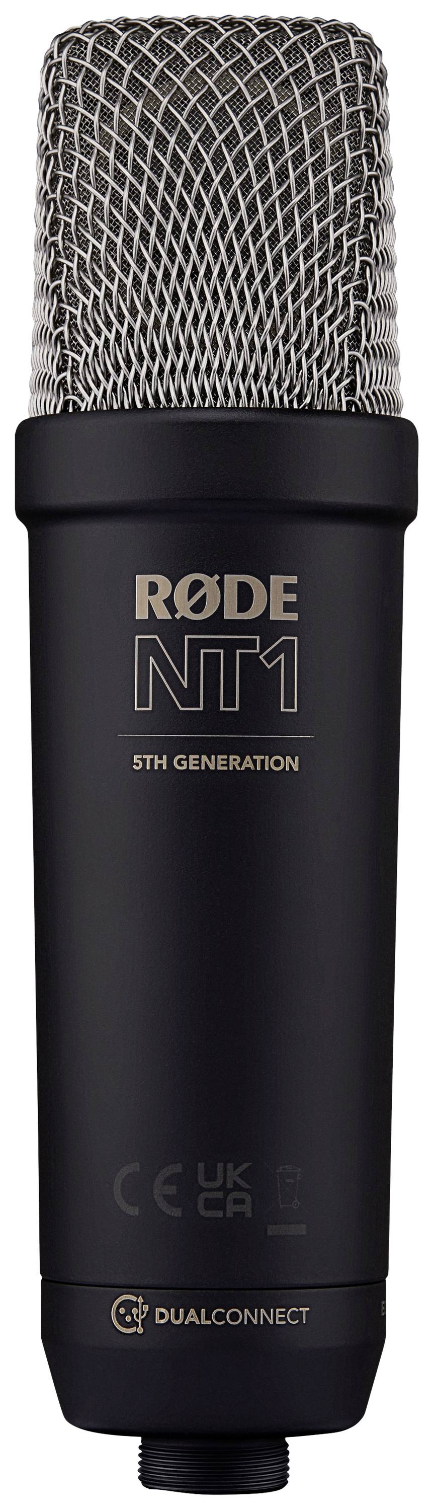 Studyjny mikrofon z czarną obudową i srebrną siatką. Napis: 'RØDE NT1 5. generacja' i 'DUALCONNECT'.