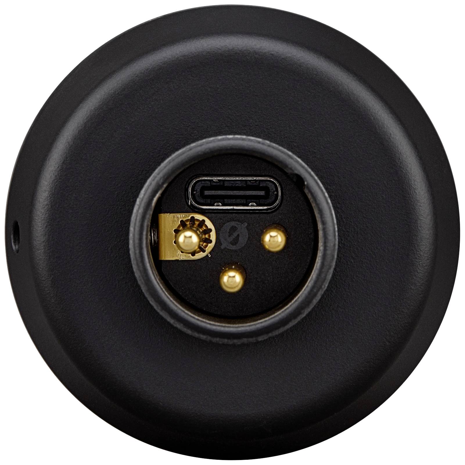 Okrągłe czarne złącze ładowania z portem USB-C oraz dwoma złotymi stykami ładowania.