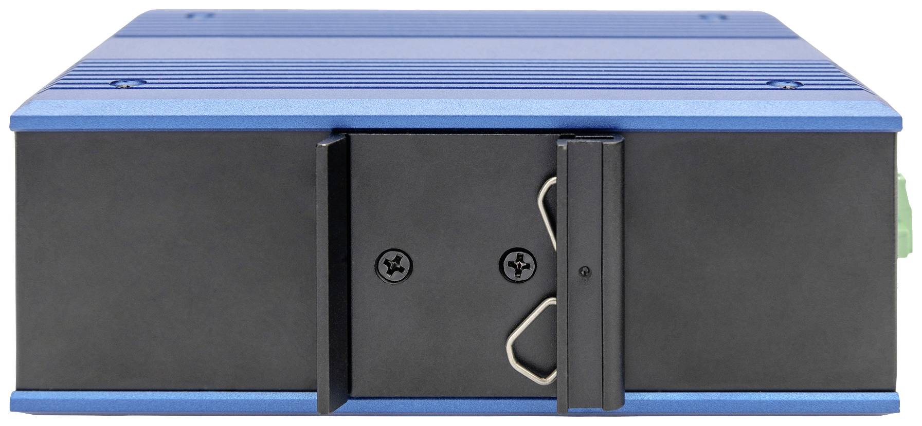 Czarno-niebiskie urządzenie elektroniczne z wytrzymałą obudową, prawdopodobnie przeznaczone do zastosowań przemysłowych.