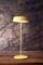 Żółta lampa stoi na drewnianym stole przed teksturowanym, kolorowym tłem. Lampa posiada smukłą podstawę.