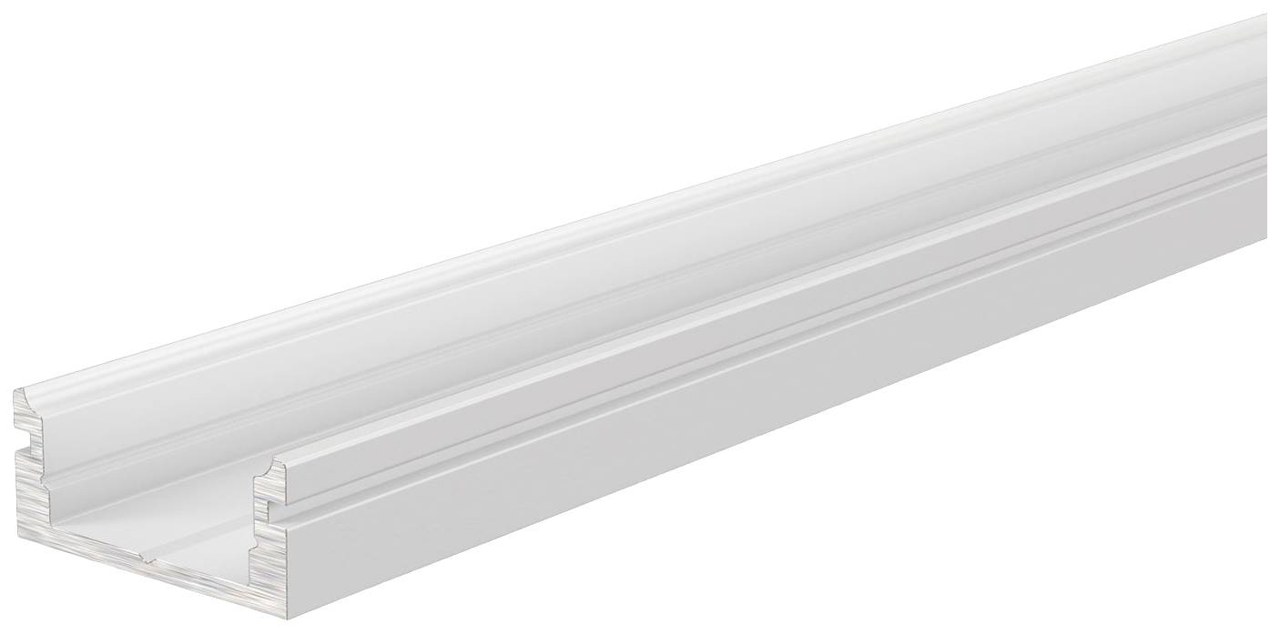 Biała aluminiowa szyna w kształcie litery L, widziana z boku, jest używana do montażu pasków LED w meblach lub ścianach.