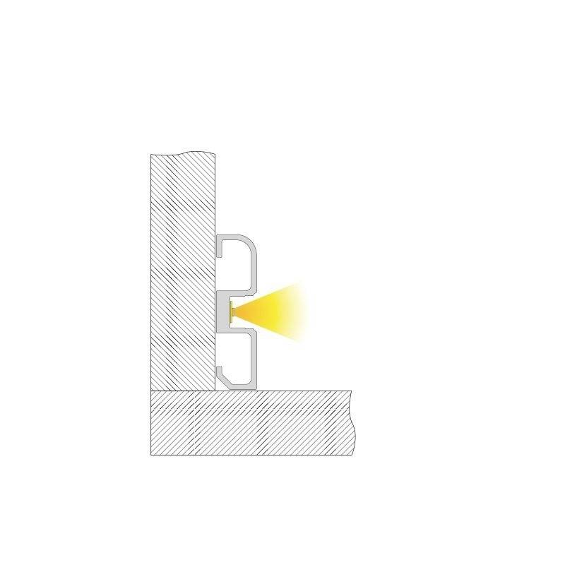 Przekrój ściany z wmontowanym profilem aluminiowym i oświetleniem LED, świecącym bocznie do wewnątrz.