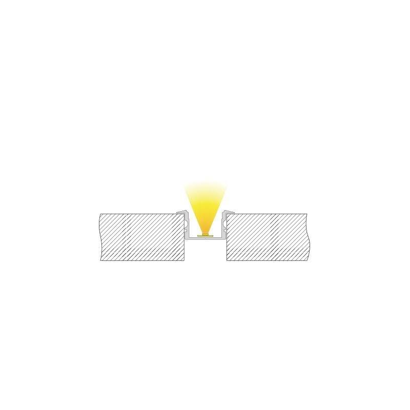 Przekrój profilu LED, który emituje światło ku górze. Profil jest zamontowany między dwiema powierzchniami.